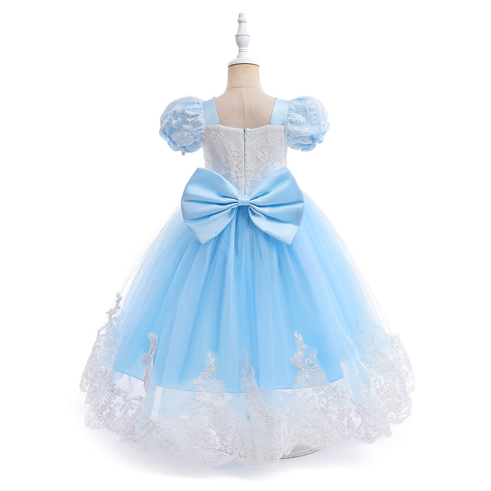 Girls Blue Self Design Puff Sleeves Lace Inserts Detail Maxi Gown Dress