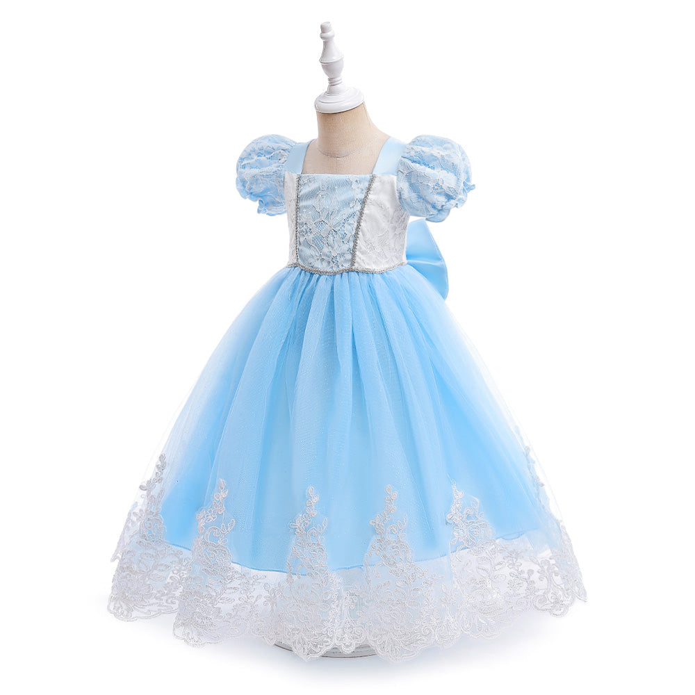 Girls Blue Self Design Puff Sleeves Lace Inserts Detail Maxi Gown Dress