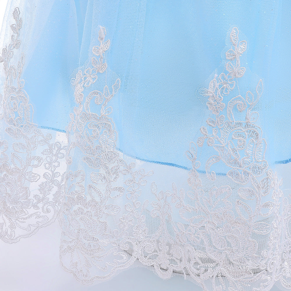 Girls Blue Self Design Puff Sleeves Lace Inserts Detail Maxi Gown Dress