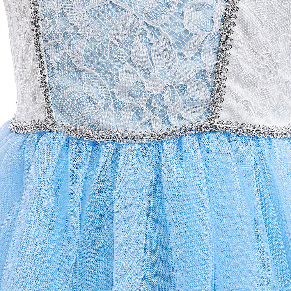 Girls Blue Self Design Puff Sleeves Lace Inserts Detail Maxi Gown Dress