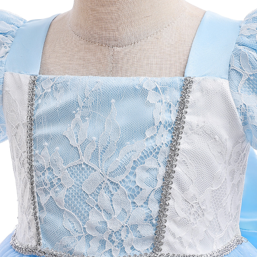 Girls Blue Self Design Puff Sleeves Lace Inserts Detail Maxi Gown Dress