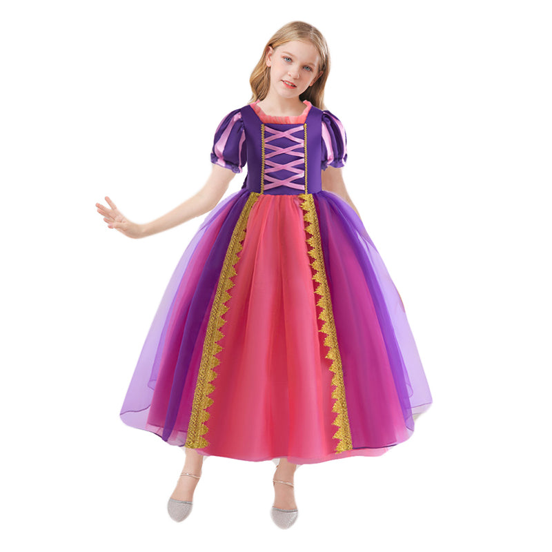 Purple Girls Square Neck Puff Sleeves Lace Inserts Detail Balloon Midi Dress