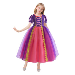 Purple Girls Square Neck Puff Sleeves Lace Inserts Detail Balloon Midi Dress