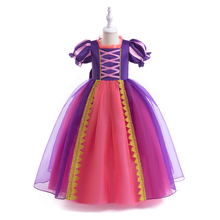 Purple Girls Square Neck Puff Sleeves Lace Inserts Detail Balloon Midi Dress