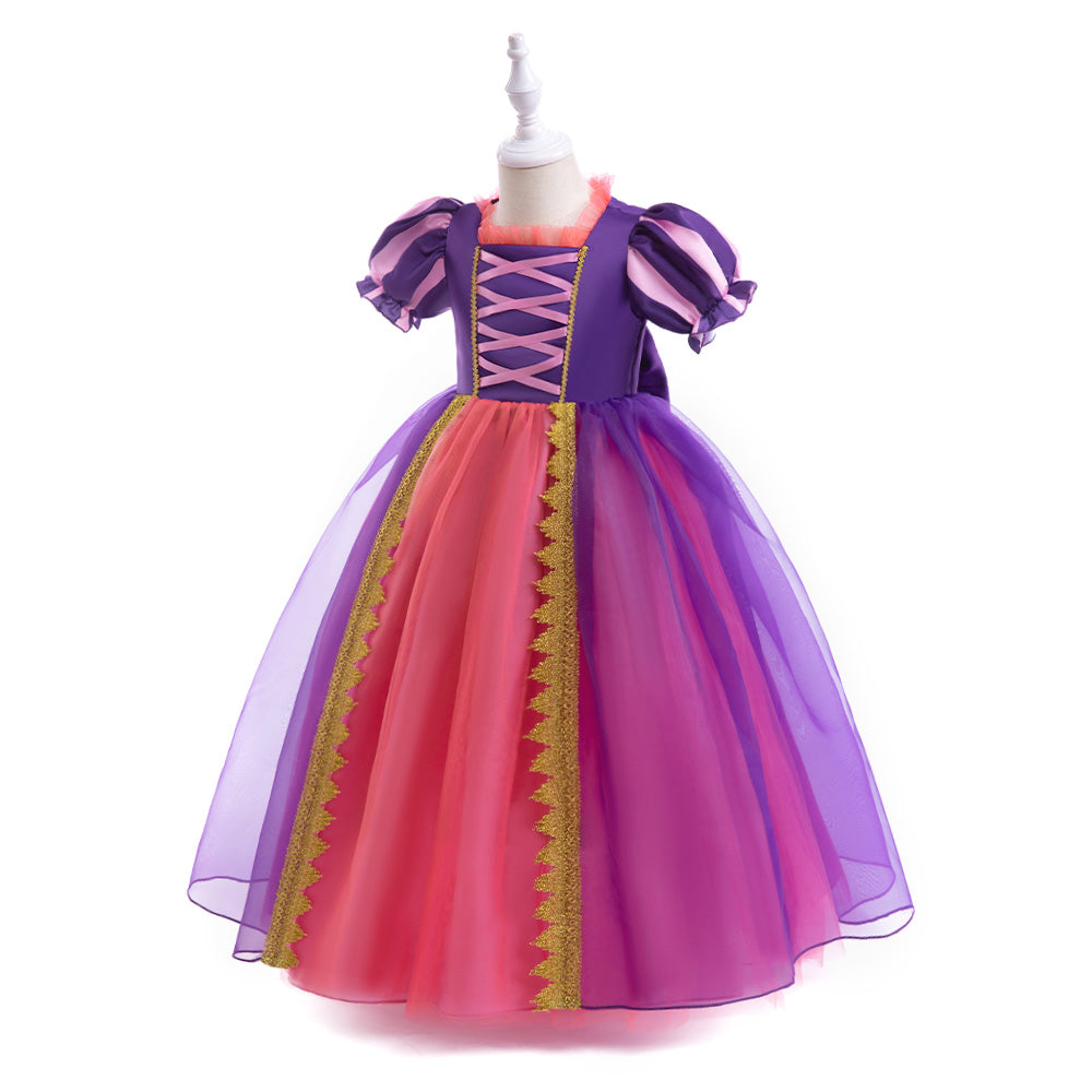 Purple Girls Square Neck Puff Sleeves Lace Inserts Detail Balloon Midi Dress