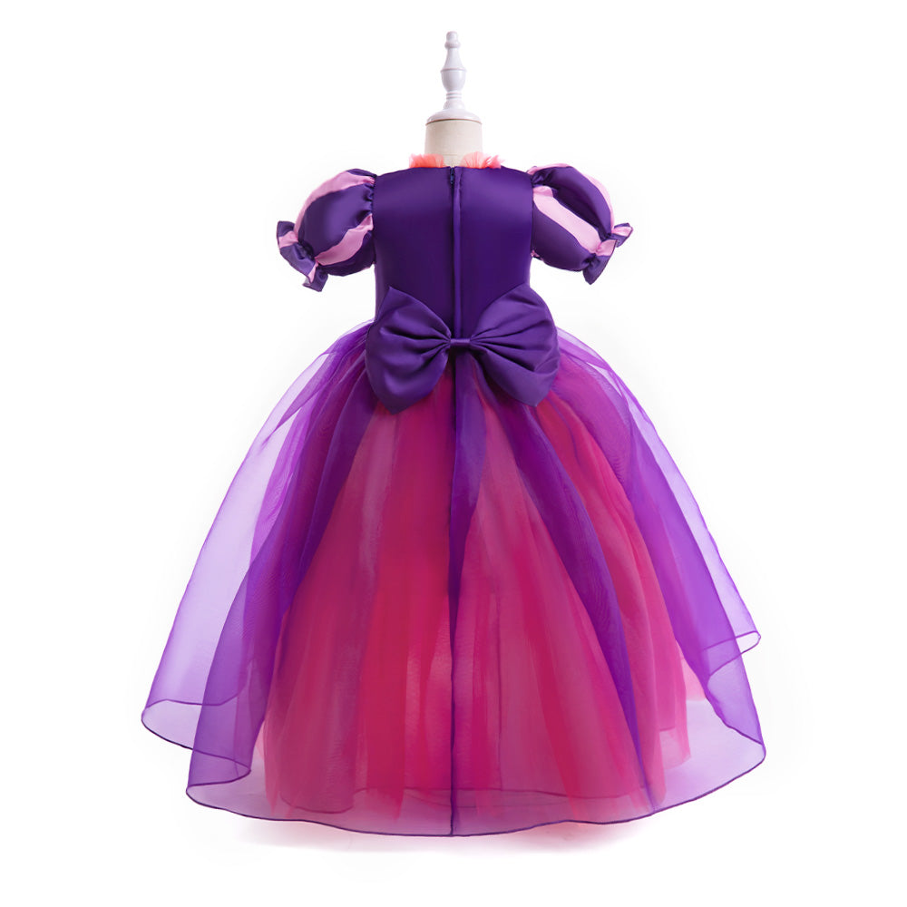 Purple Girls Square Neck Puff Sleeves Lace Inserts Detail Balloon Midi Dress