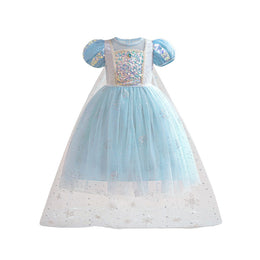 Girls Blue Self Design Puff Sleeve Lace Inserts Maxi Gown Dress