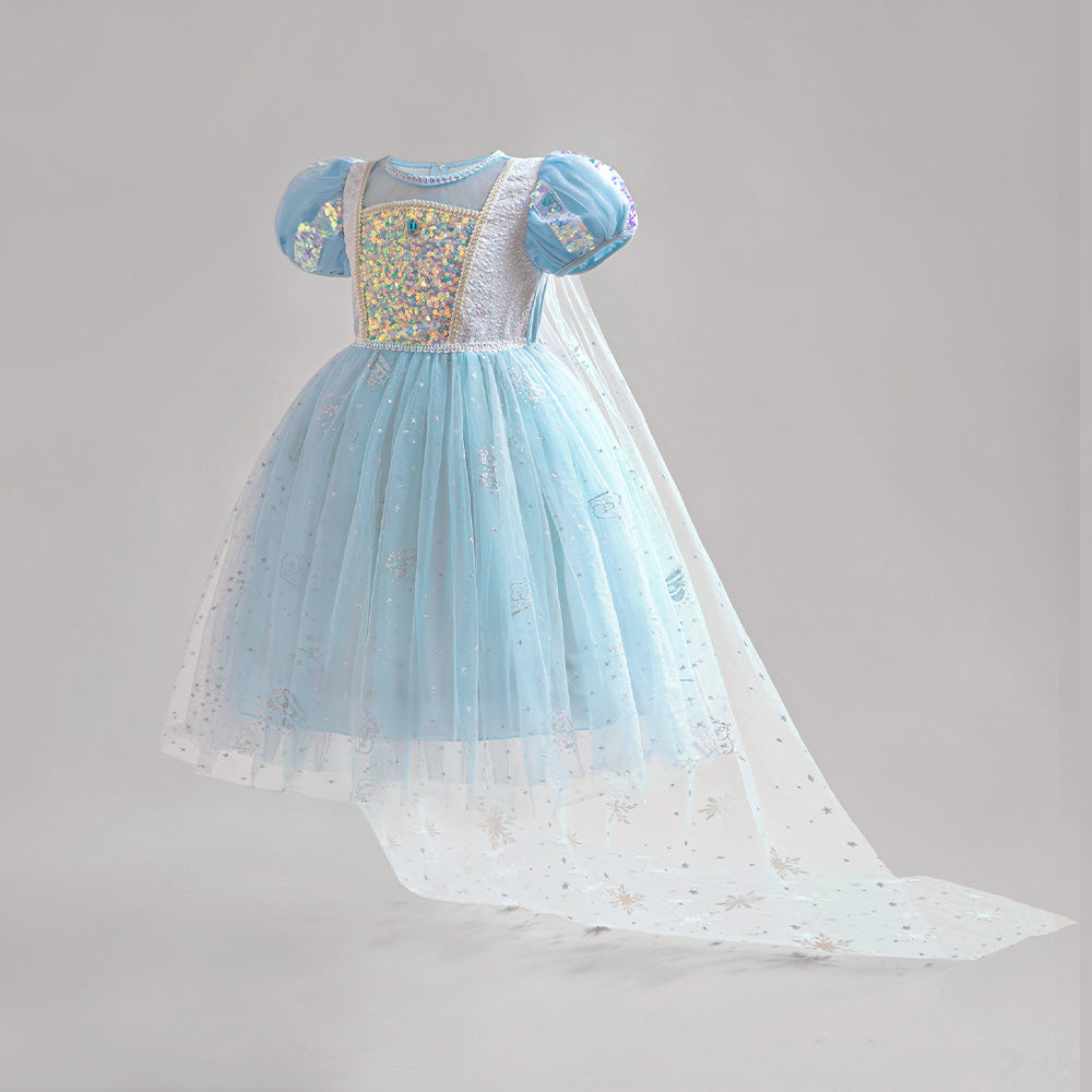 Girls Blue Self Design Puff Sleeve Lace Inserts Maxi Gown Dress