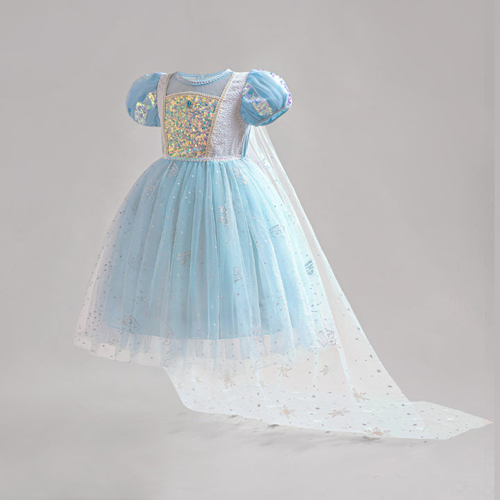 Girls Blue Self Design Puff Sleeve Lace Inserts Maxi Gown Dress