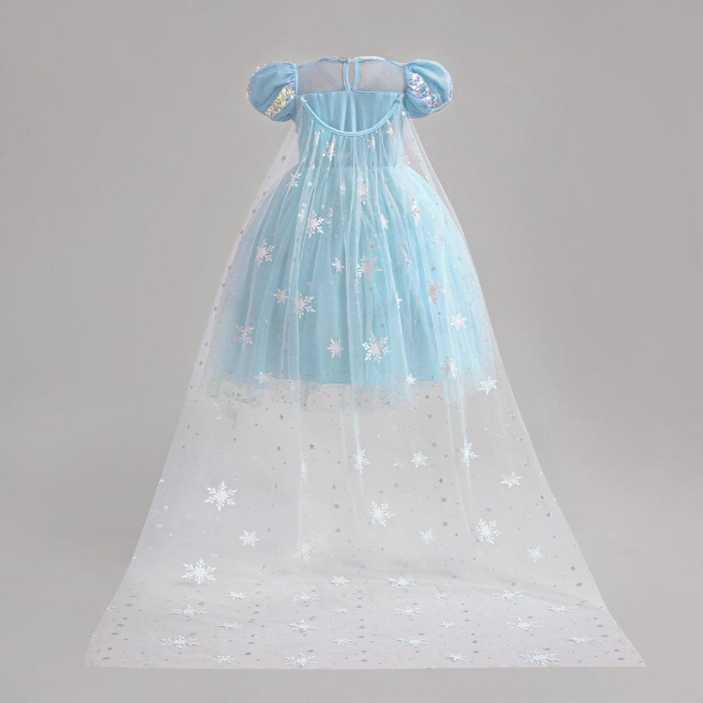 Girls Blue Self Design Puff Sleeve Lace Inserts Maxi Gown Dress