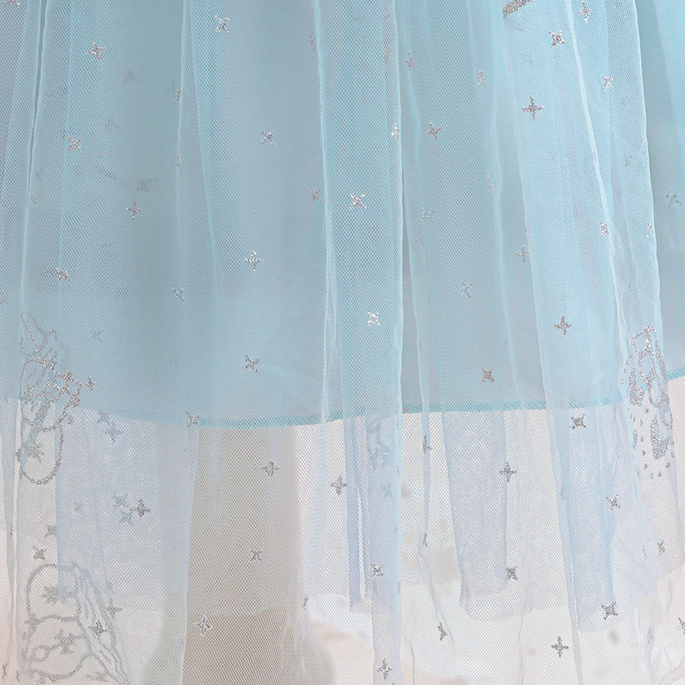 Girls Blue Self Design Puff Sleeve Lace Inserts Maxi Gown Dress