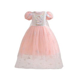 Girls Pink & White Self Design Round Neck Gown Maxi Dress
