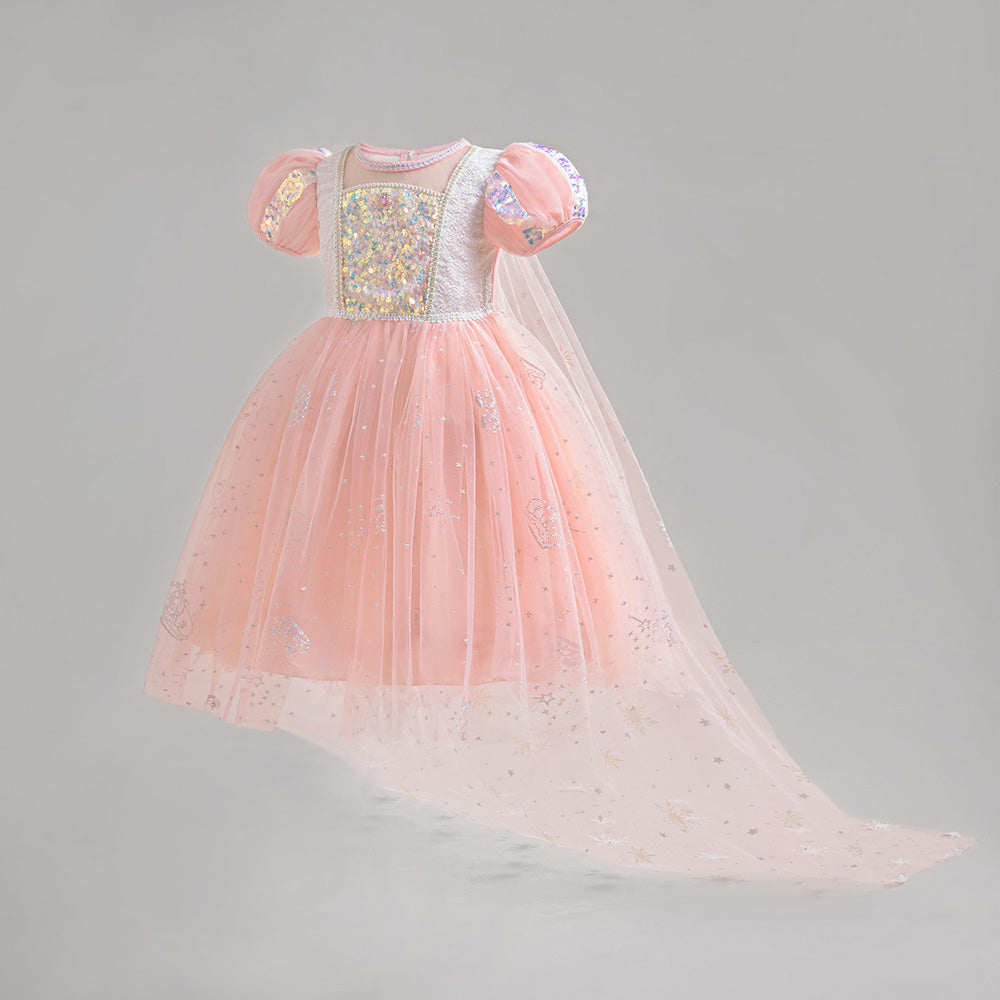 Girls Pink & White Self Design Round Neck Gown Maxi Dress