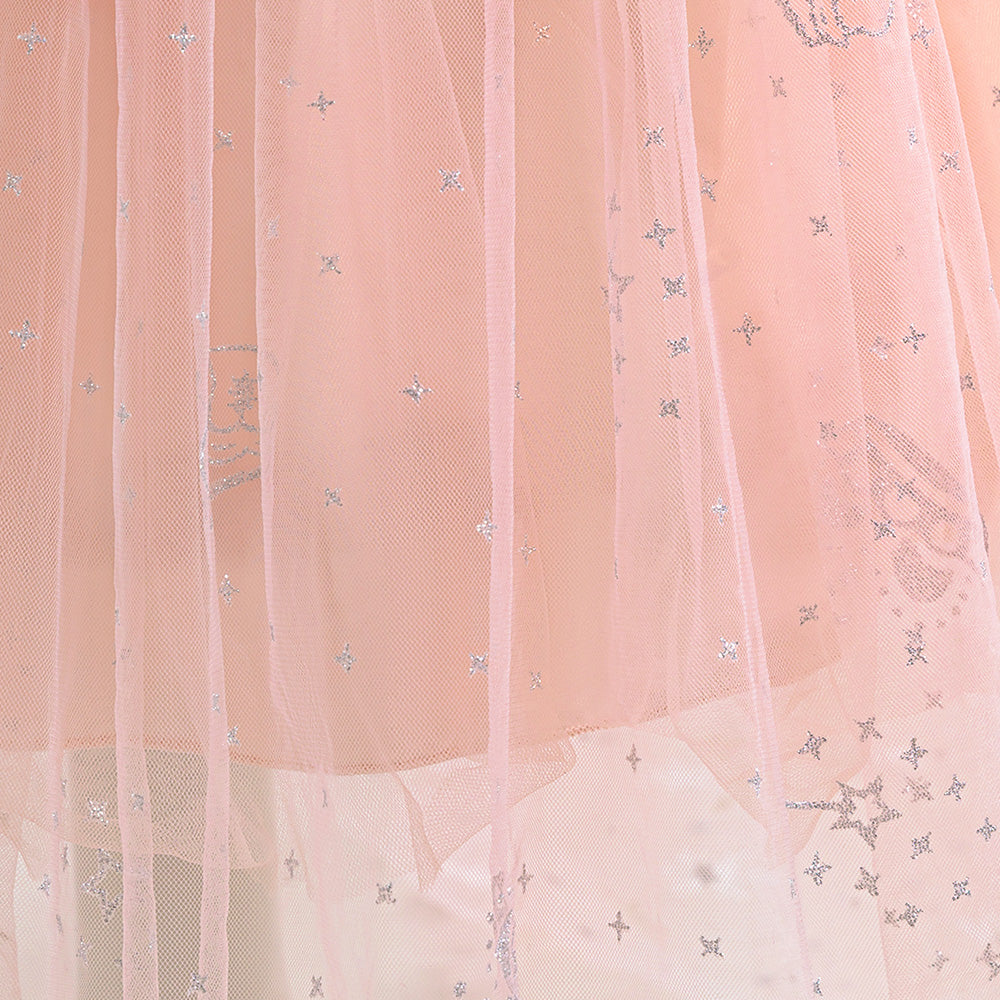 Girls Pink & White Self Design Round Neck Gown Maxi Dress