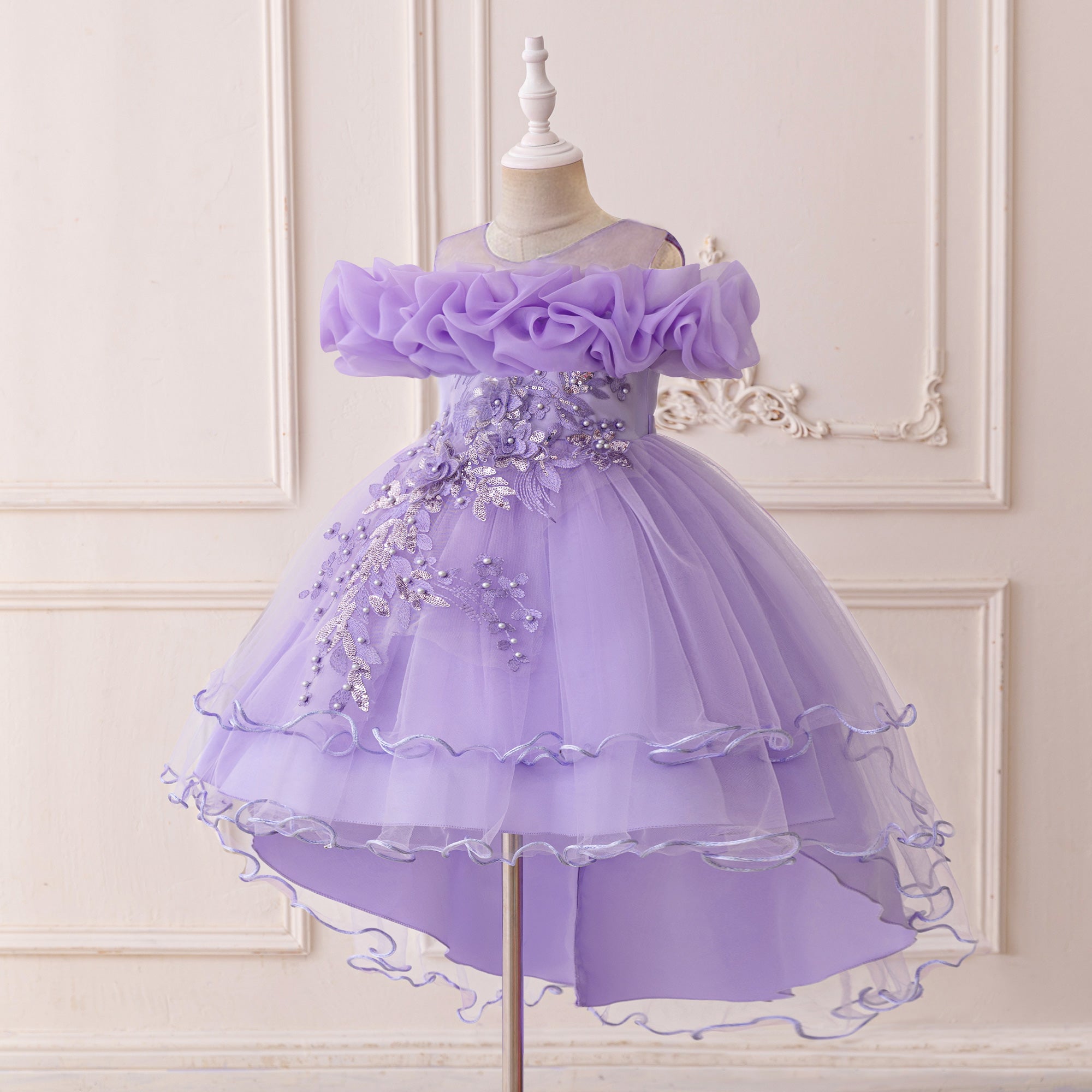 Girls Applique Net Balloon Mini Dress