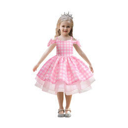 Girls Pink Checked Cold-Shoulder Fit & Flare Dress