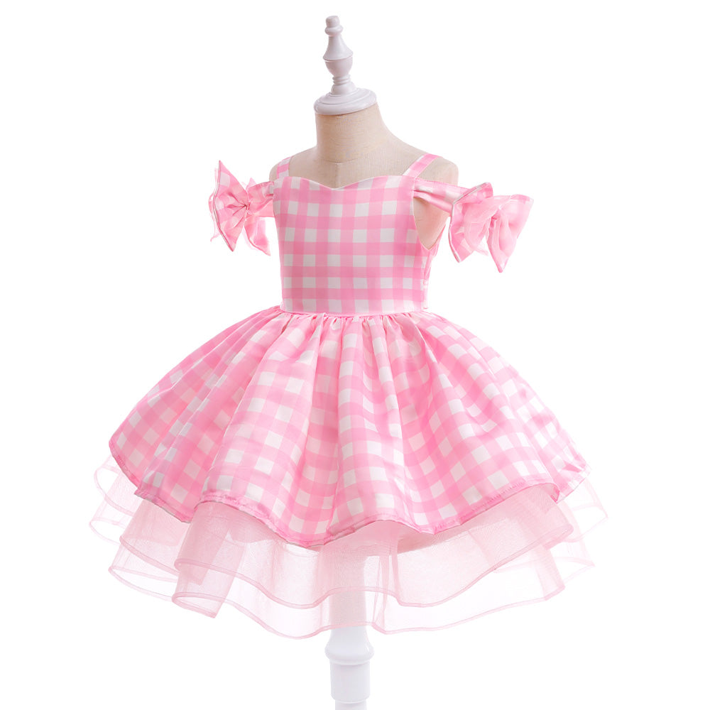 Girls Pink Checked Cold-Shoulder Fit & Flare Dress