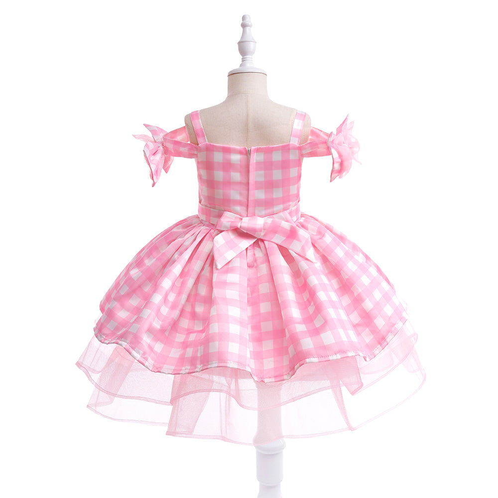 Girls Pink Checked Cold-Shoulder Fit & Flare Dress