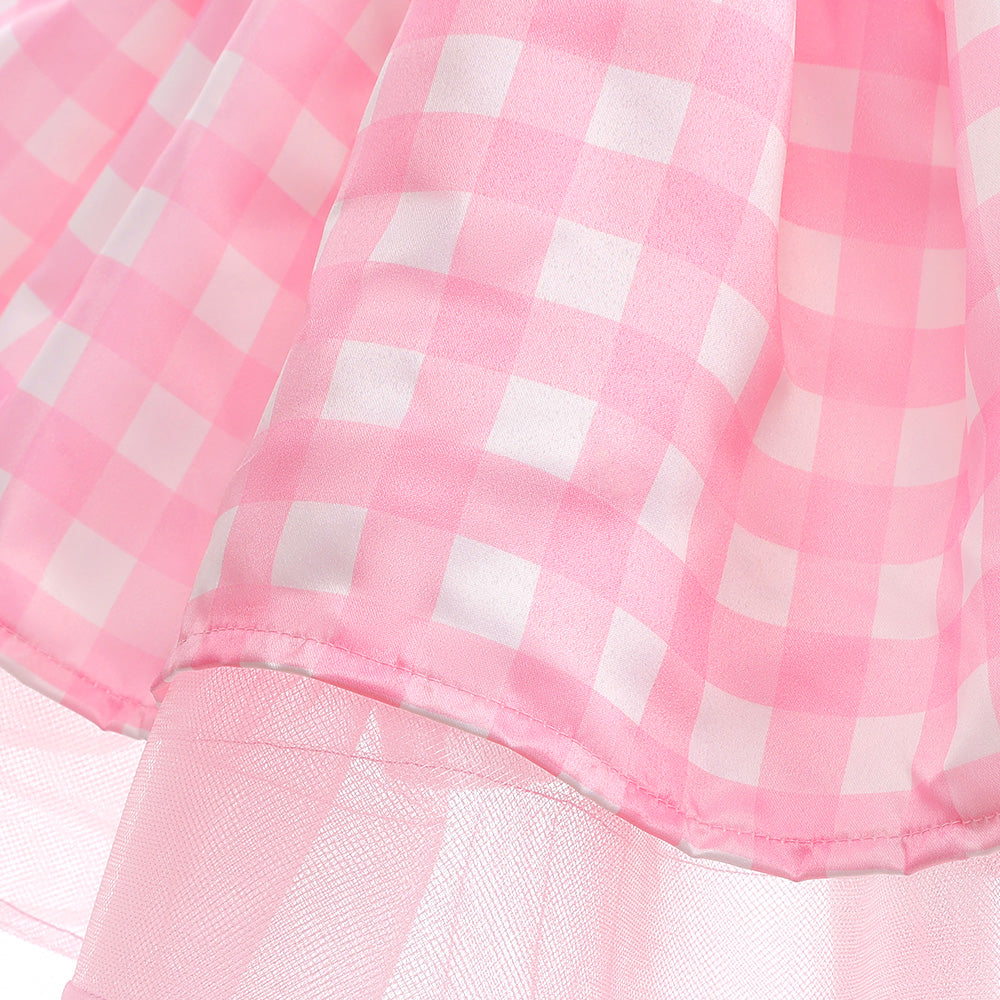 Girls Pink Checked Cold-Shoulder Fit & Flare Dress