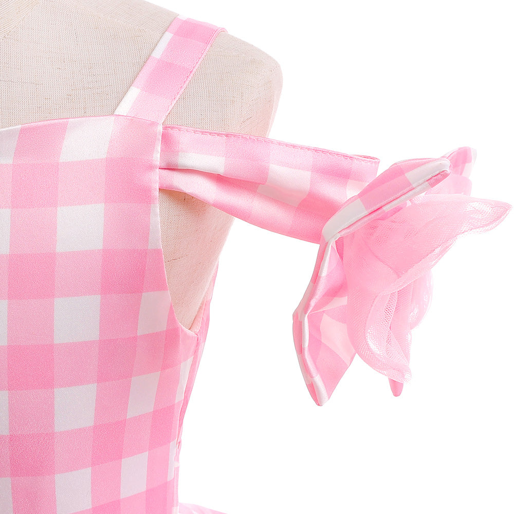 Girls Pink Checked Cold-Shoulder Fit & Flare Dress