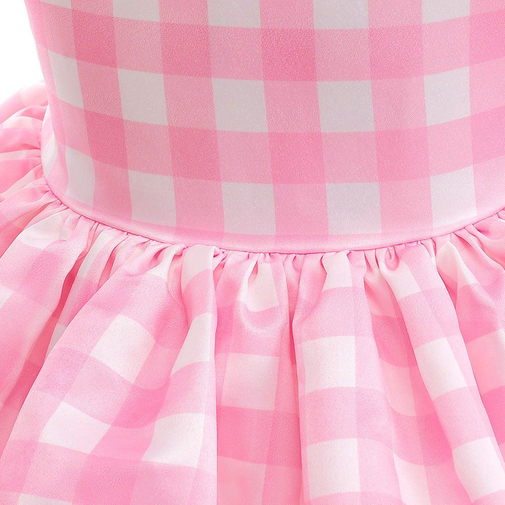 Girls Pink Checked Cold-Shoulder Fit & Flare Dress