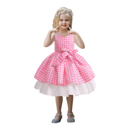 Pink Checked Layered Balloon Dress