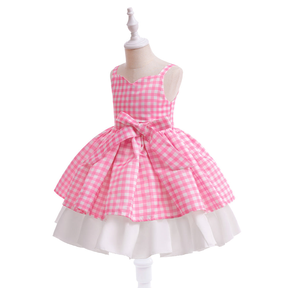 Pink Checked Layered Balloon Dress