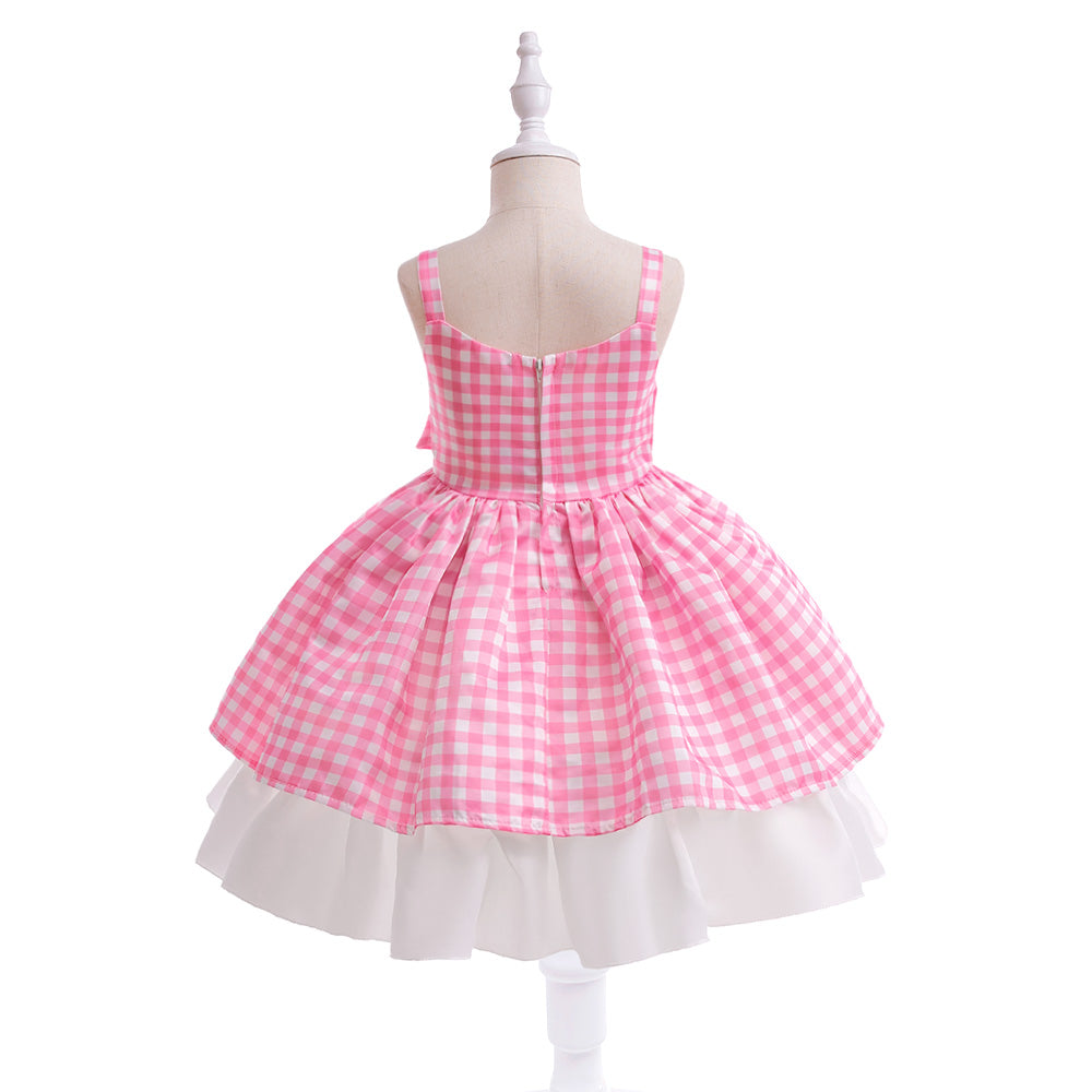 Pink Checked Layered Balloon Dress