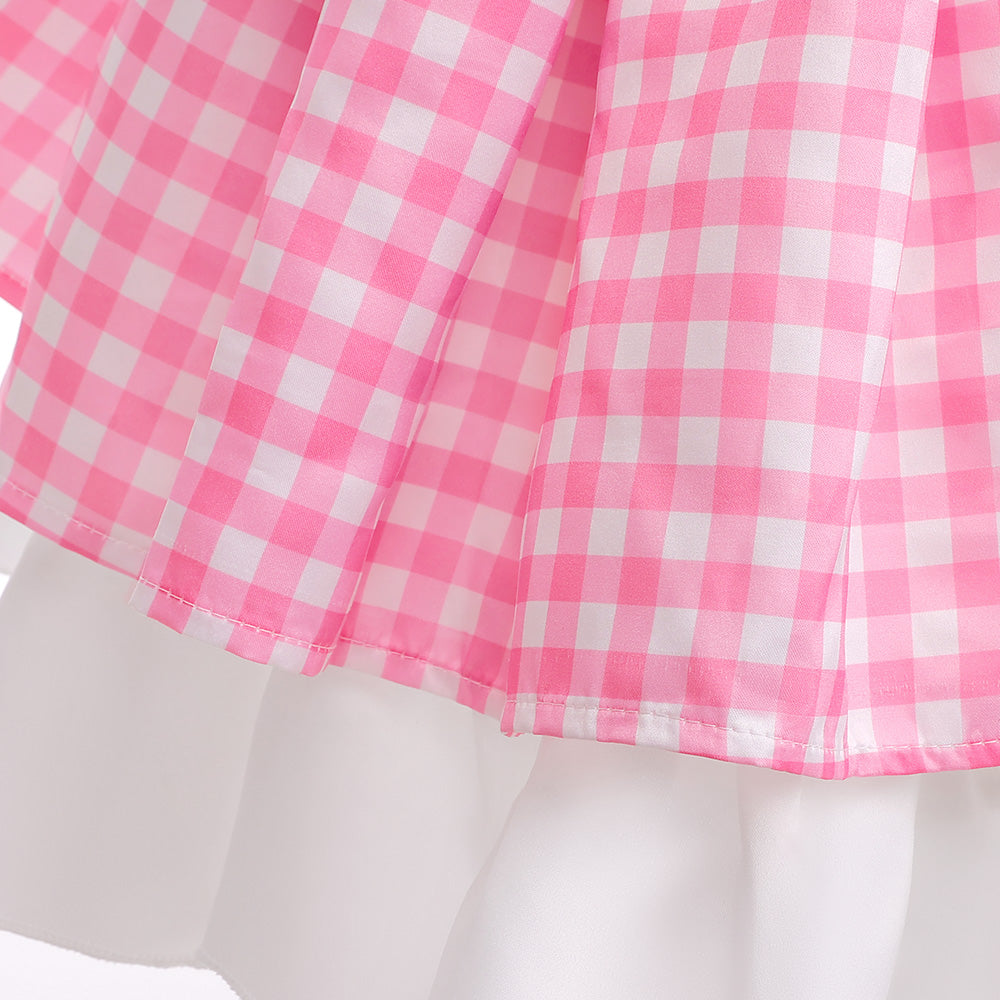 Pink Checked Layered Balloon Dress