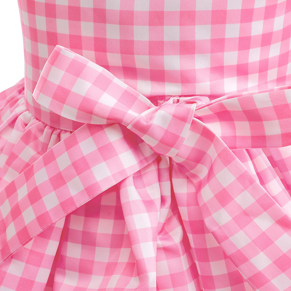 Pink Checked Layered Balloon Dress