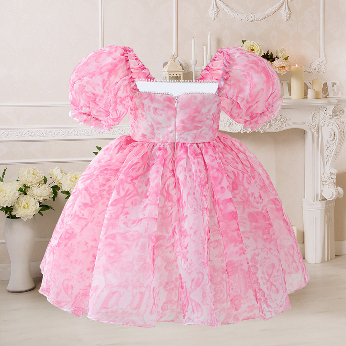 Print Puff Sleeve Ruffled A-Line Dress