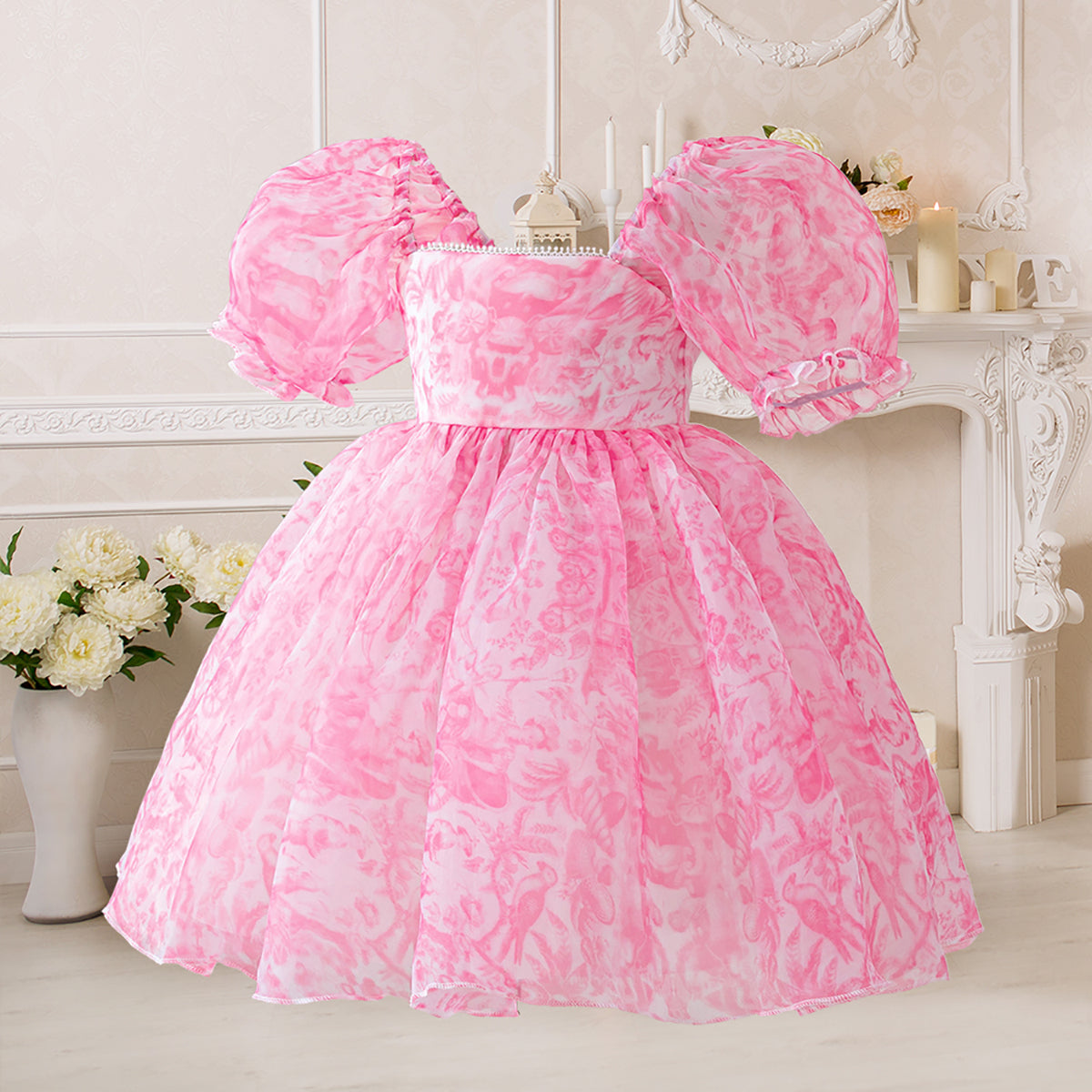 Print Puff Sleeve Ruffled A-Line Dress