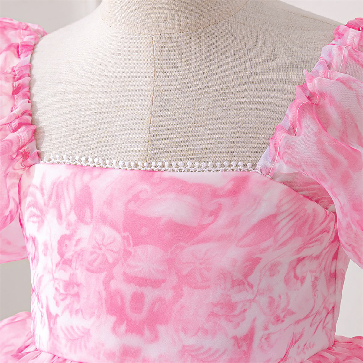 Print Puff Sleeve Ruffled A-Line Dress