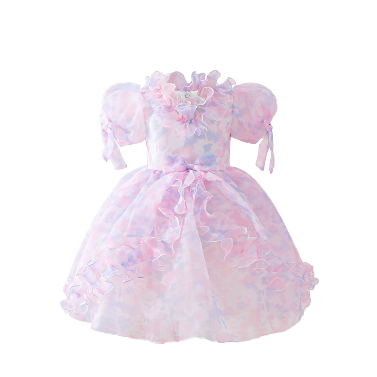 Print Puff Sleeve Ruffled A-Line Dress