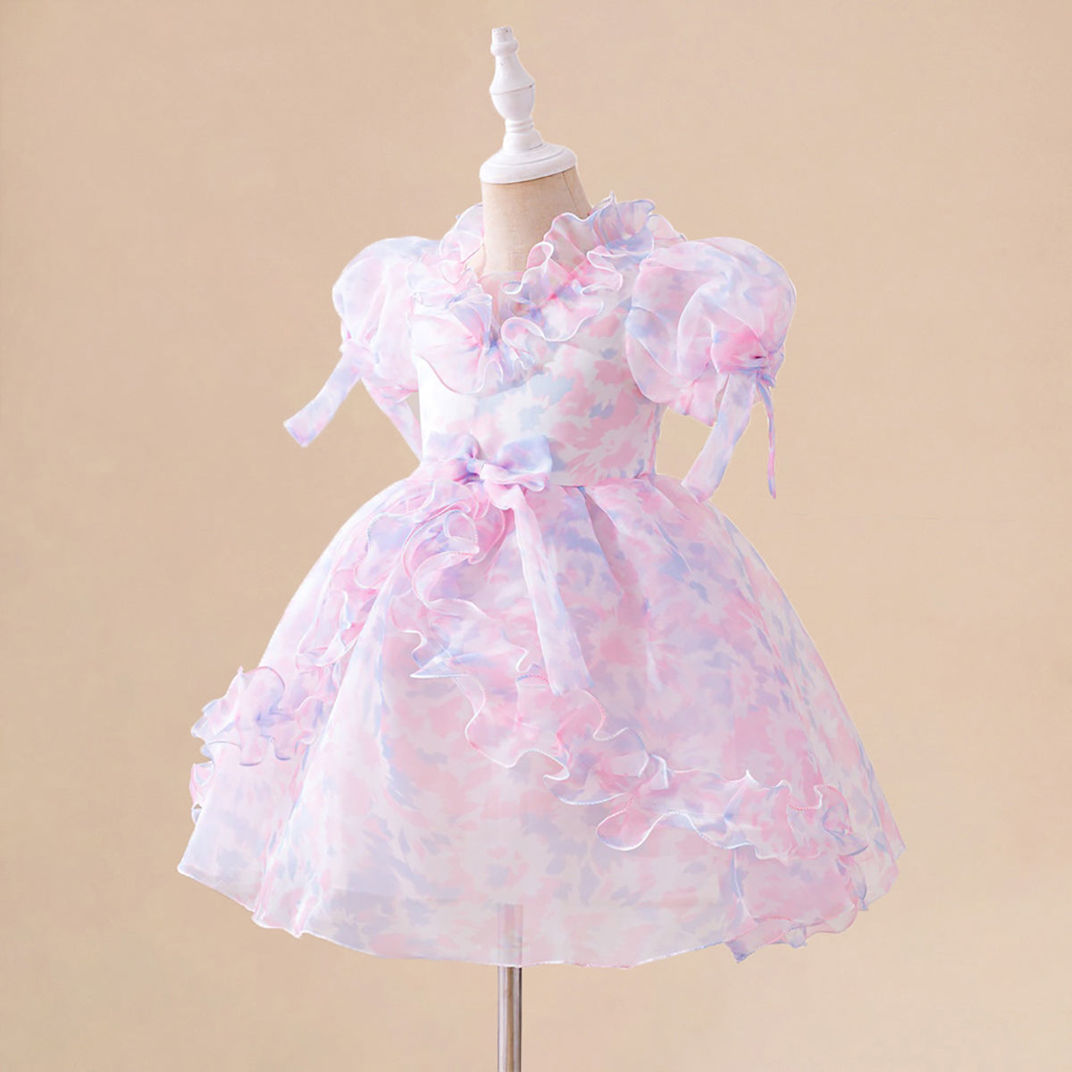 Print Puff Sleeve Ruffled A-Line Dress