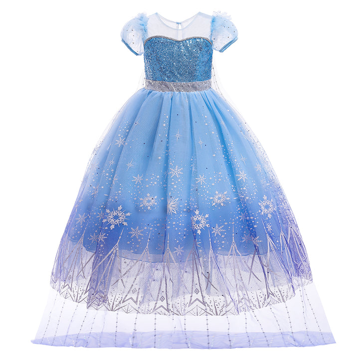 Blue Sweetheart Neck Short Puff Sleeves Embellished Ruffled Maxi Dress