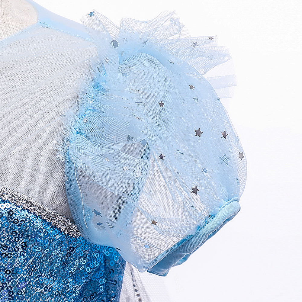 Blue Sweetheart Neck Short Puff Sleeves Embellished Ruffled Maxi Dress