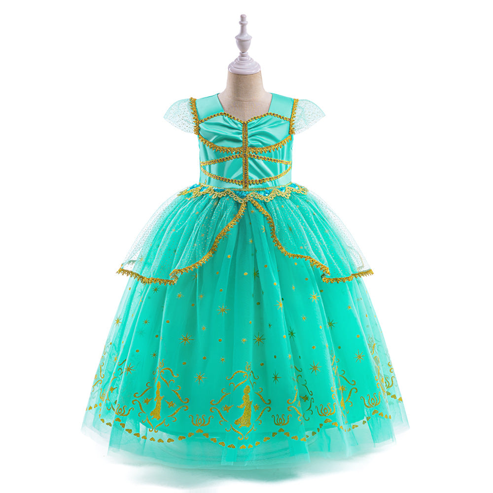 Girls Green Embellished Flutter Sleeves Layered Maxi Dress