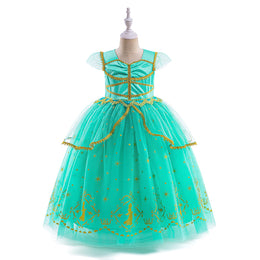 Girls Green Embellished Flutter Sleeves Layered Maxi Dress