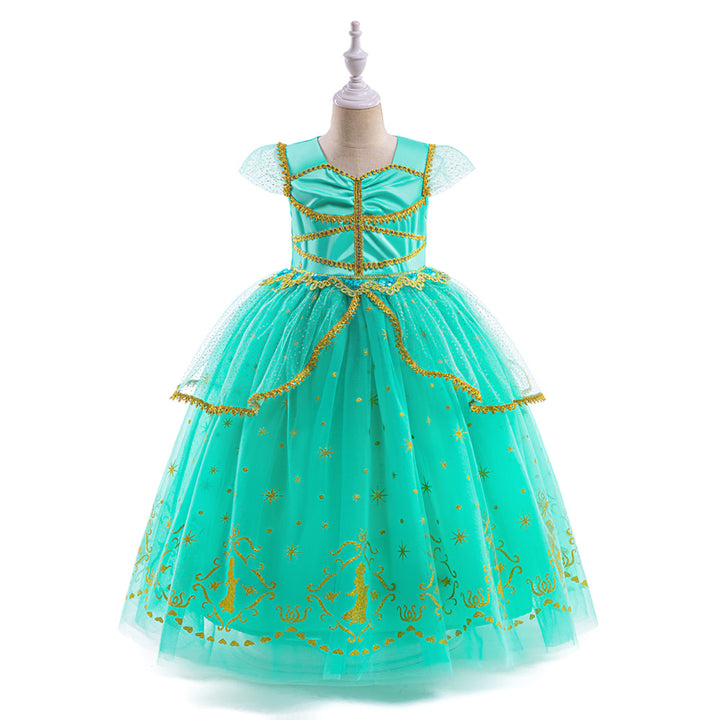 Girls Green Embellished Flutter Sleeves Layered Maxi Dress