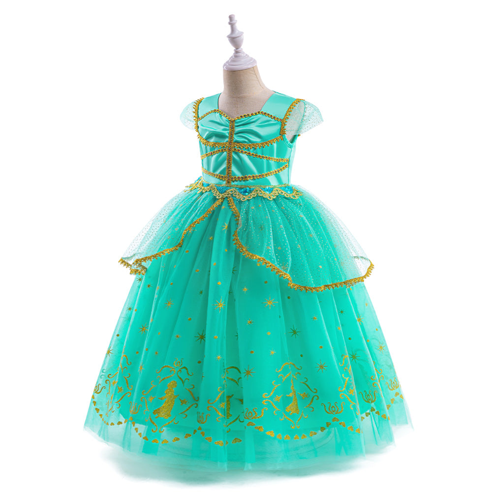 Girls Green Embellished Flutter Sleeves Layered Maxi Dress
