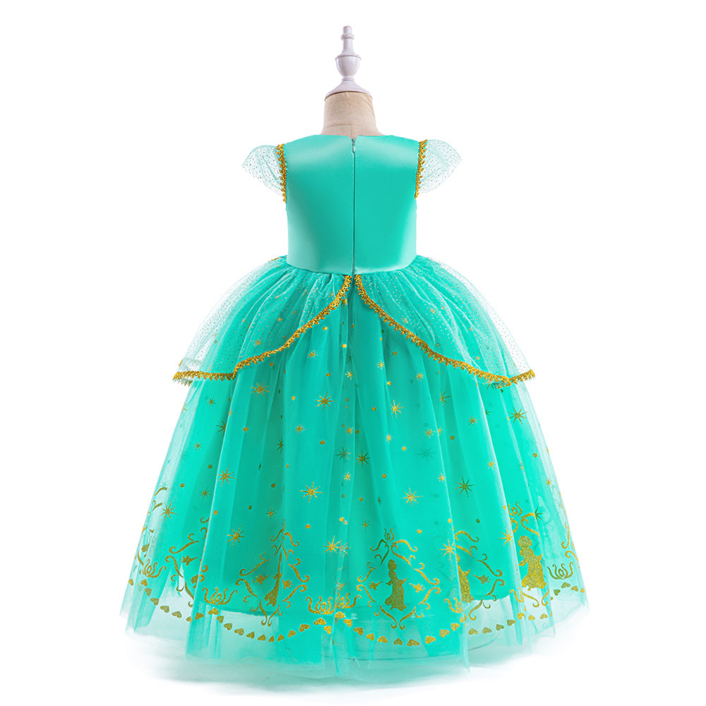 Girls Green Embellished Flutter Sleeves Layered Maxi Dress