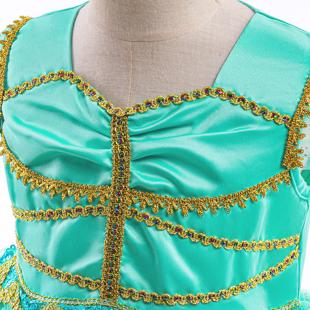 Girls Green Embellished Flutter Sleeves Layered Maxi Dress
