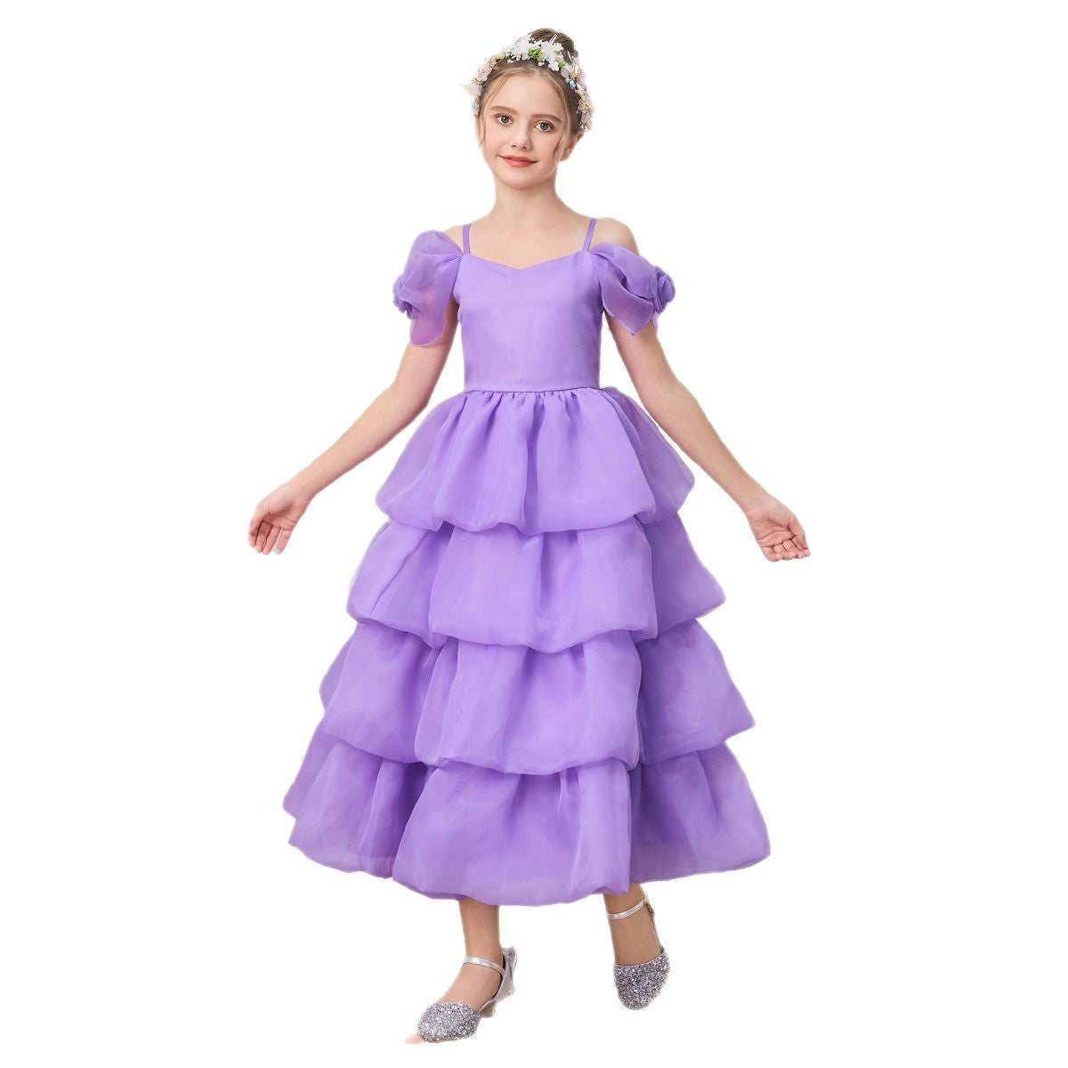 Girls Cold-Shoulder Georgette Fit and Flare Midi Dress