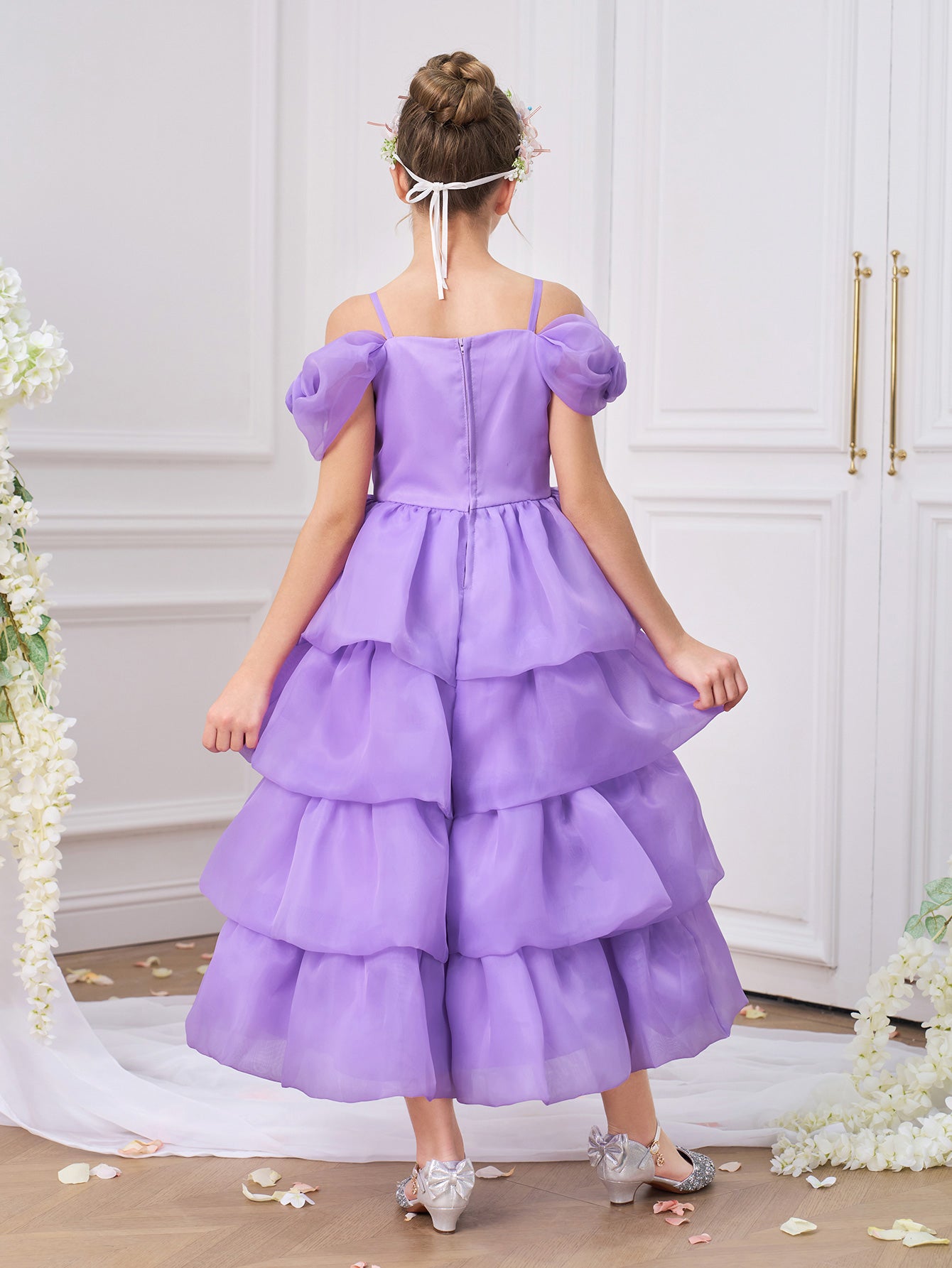Girls Cold-Shoulder Georgette Fit and Flare Midi Dress
