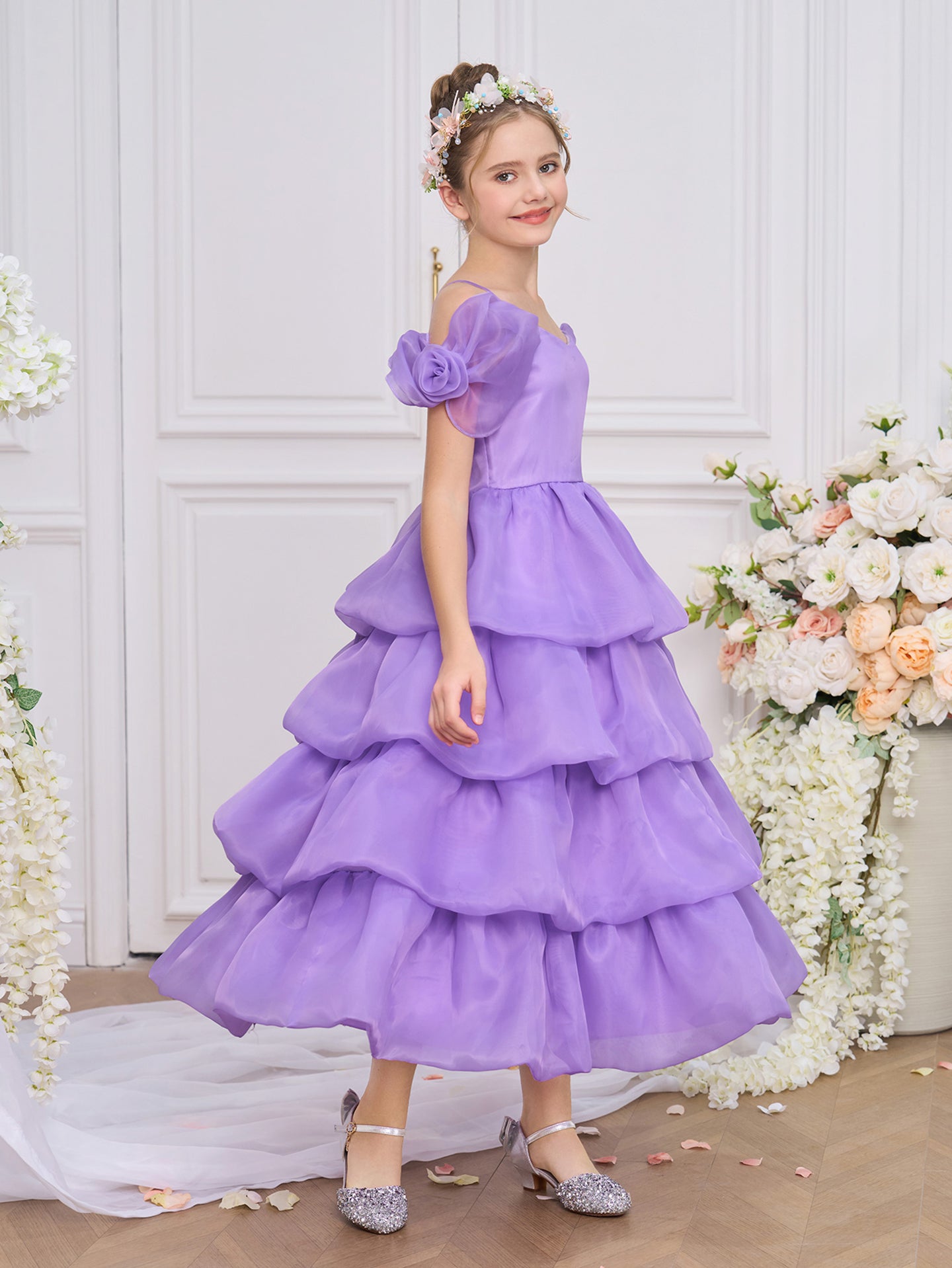 Girls Cold-Shoulder Georgette Fit and Flare Midi Dress