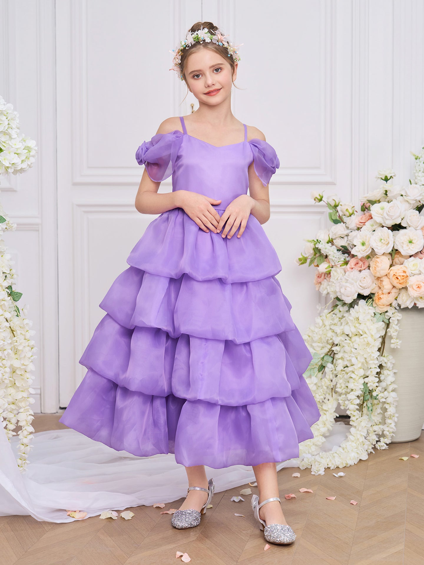 Girls Cold-Shoulder Georgette Fit and Flare Midi Dress