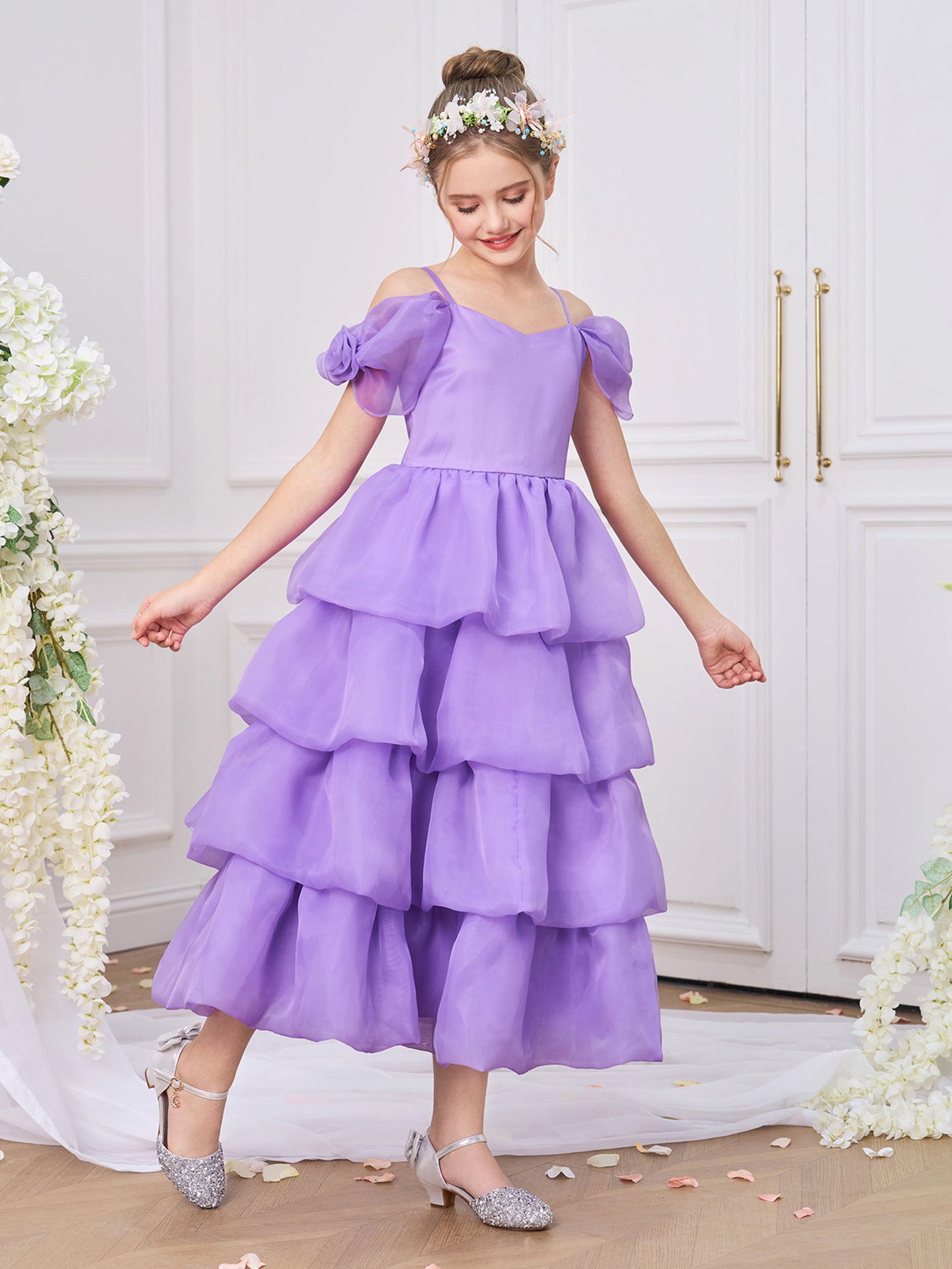 Girls Cold-Shoulder Georgette Fit and Flare Midi Dress