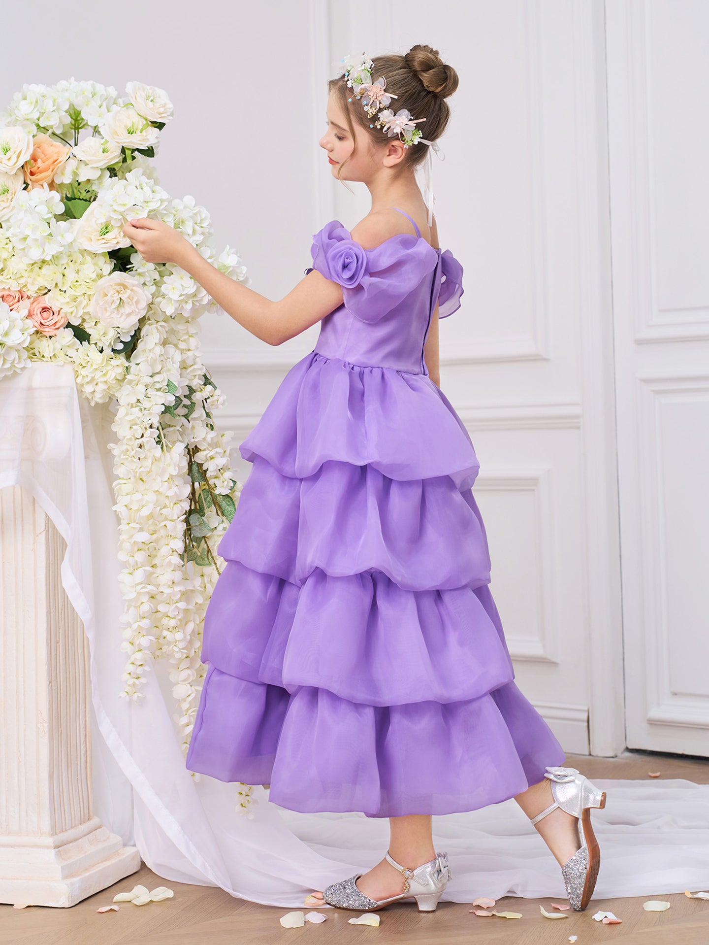Girls Cold-Shoulder Georgette Fit and Flare Midi Dress