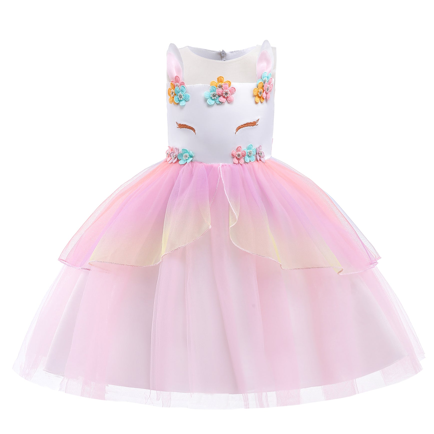 Pink Floral Printed Layered Net Fit & Flare Dress